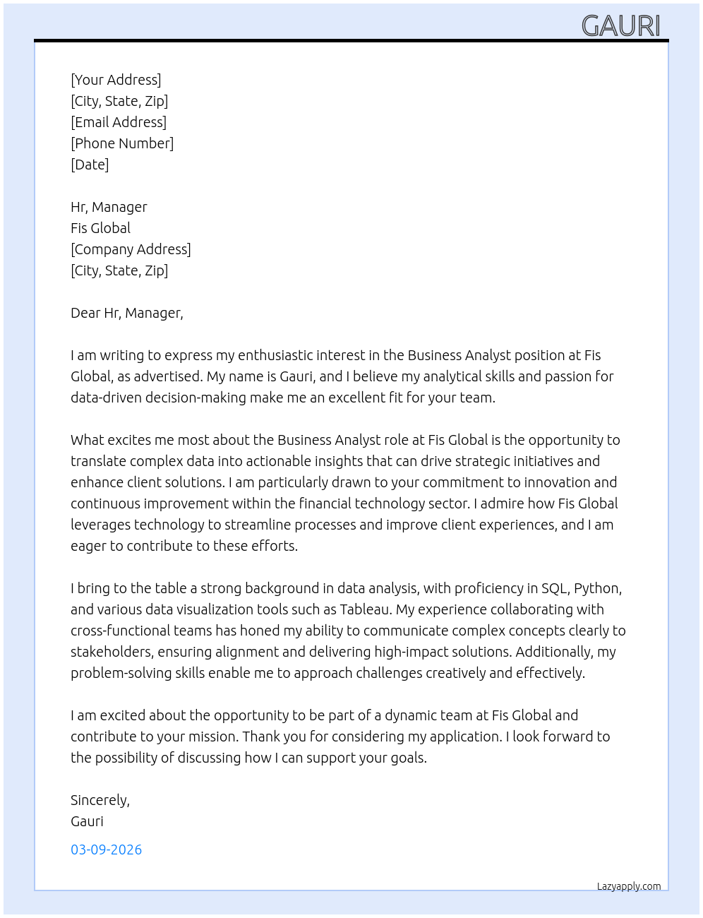 Cover letter for business analyst - LazyApply