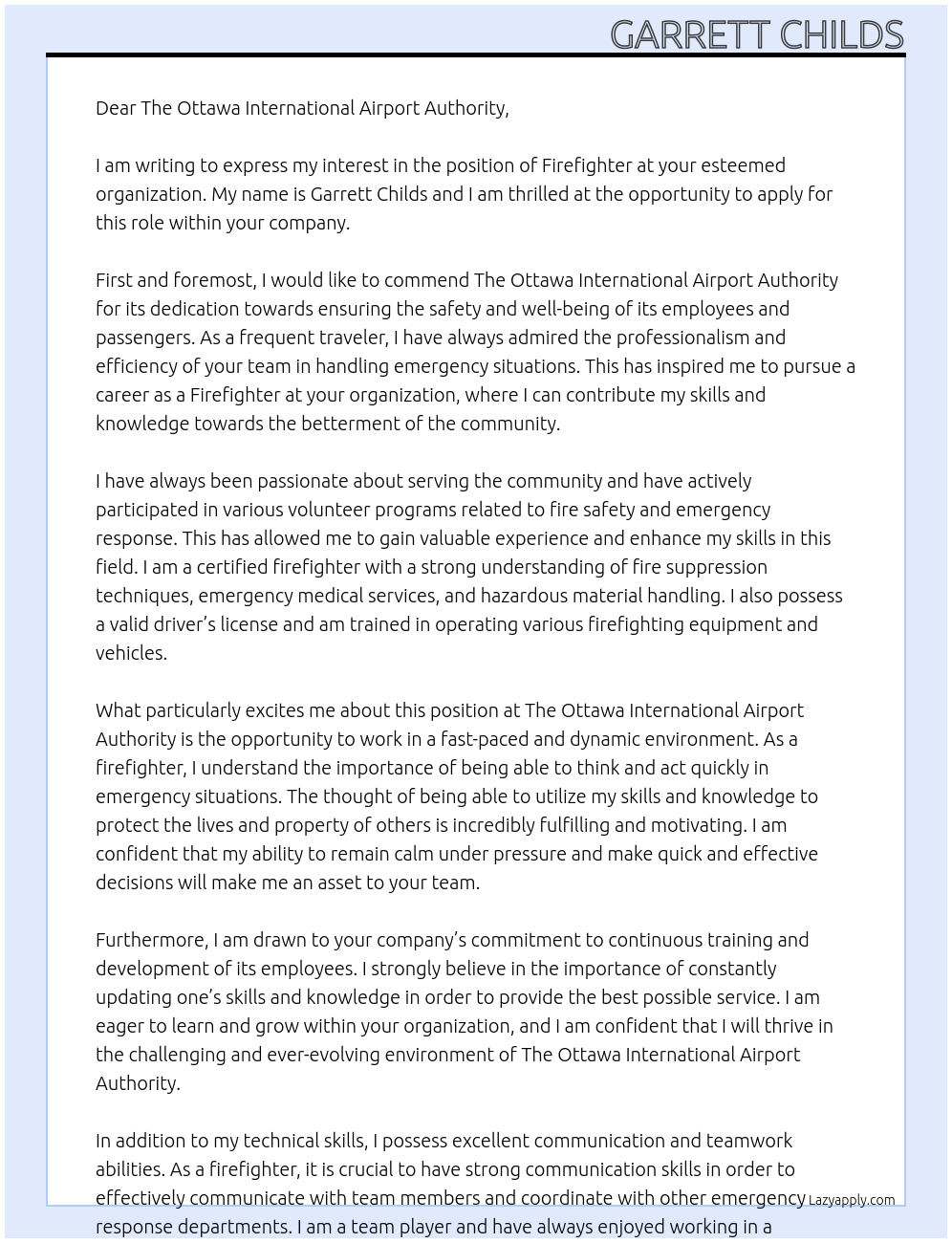 Firefighter At The Ottawa International Airport Authority Cover Letter