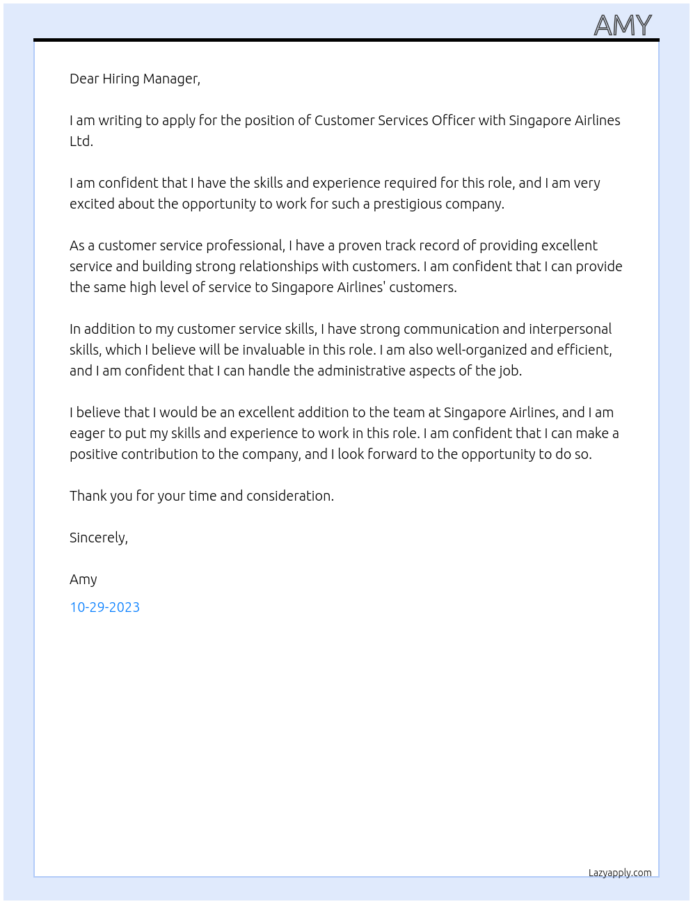 Customer Services Officer At Singapore Airlines Ltd Cover Letter