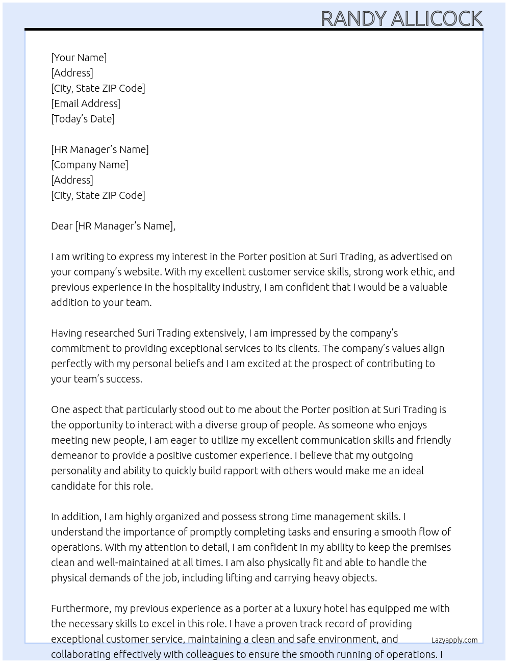 Porter At Suri Trading Cover Letter
