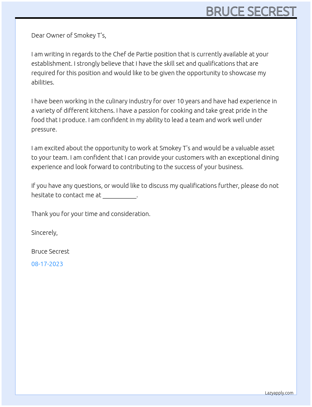 Chef de Partie At Smokey T's Cover Letter