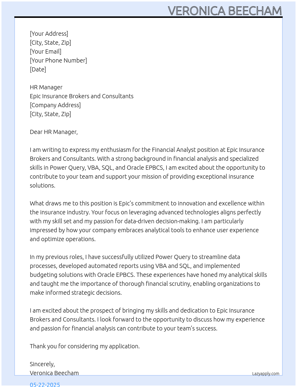 Financial analyst At Epic Insurance Brokers and Consultants Cover Letter