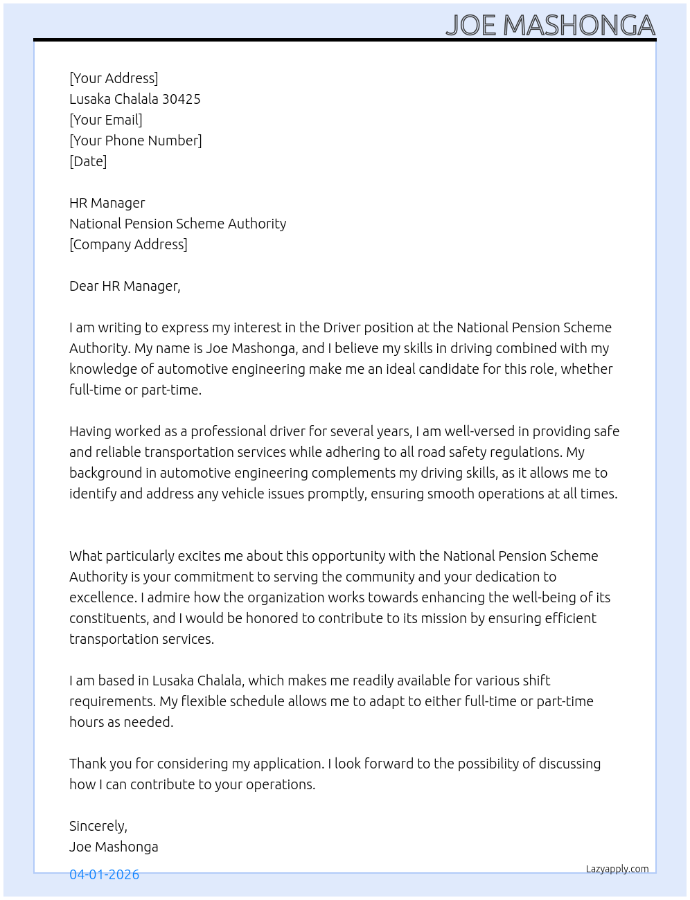 Cover letter for driver - LazyApply