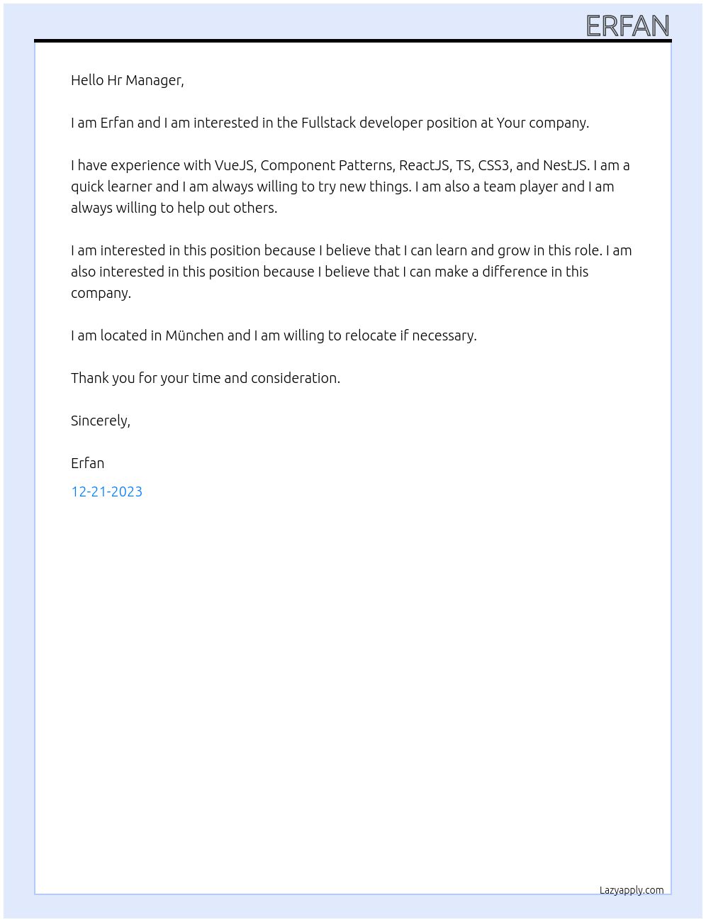 Fullstack developer At Your company Cover Letter