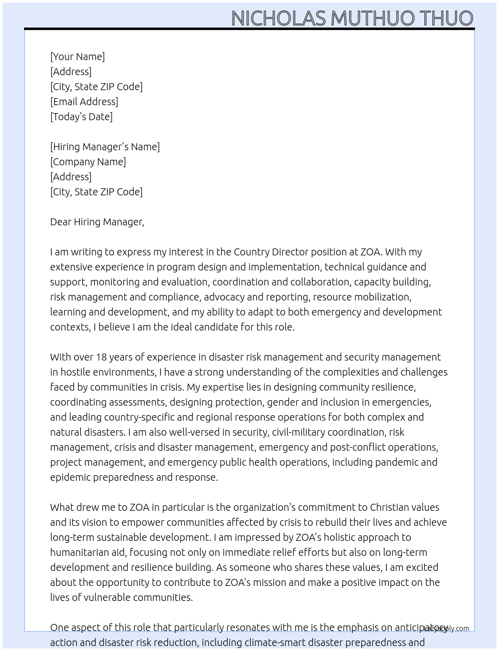 Country Director At ZOA Cover Letter