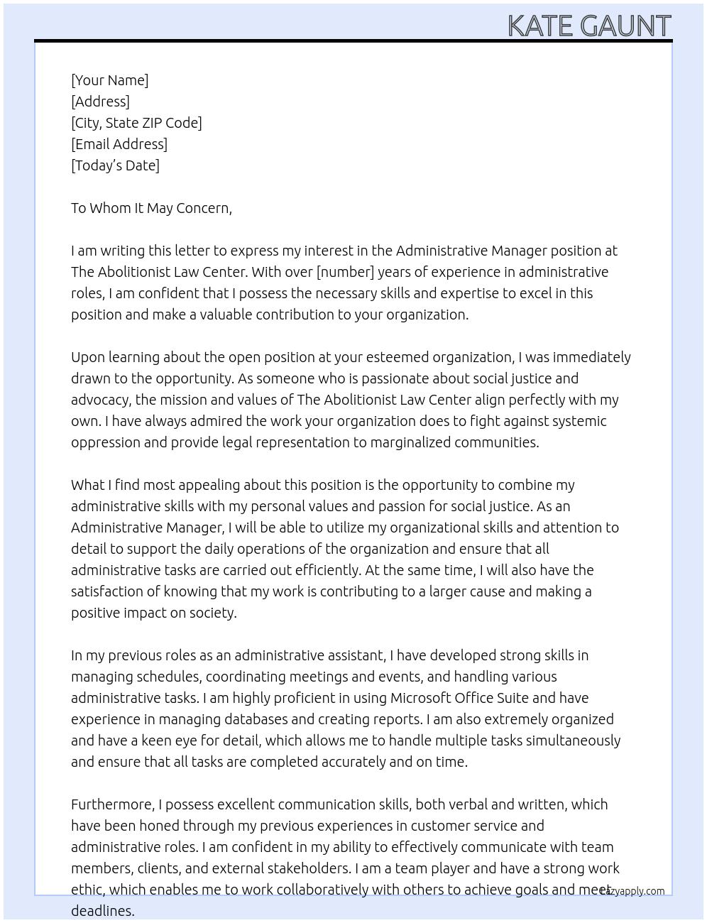 Administrative Manager At The Abolitionist Law Center  Cover Letter