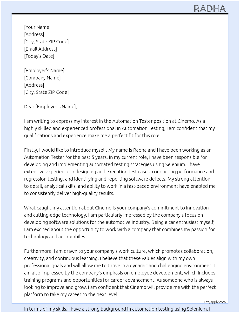 Automation tester At Cinemo Cover Letter