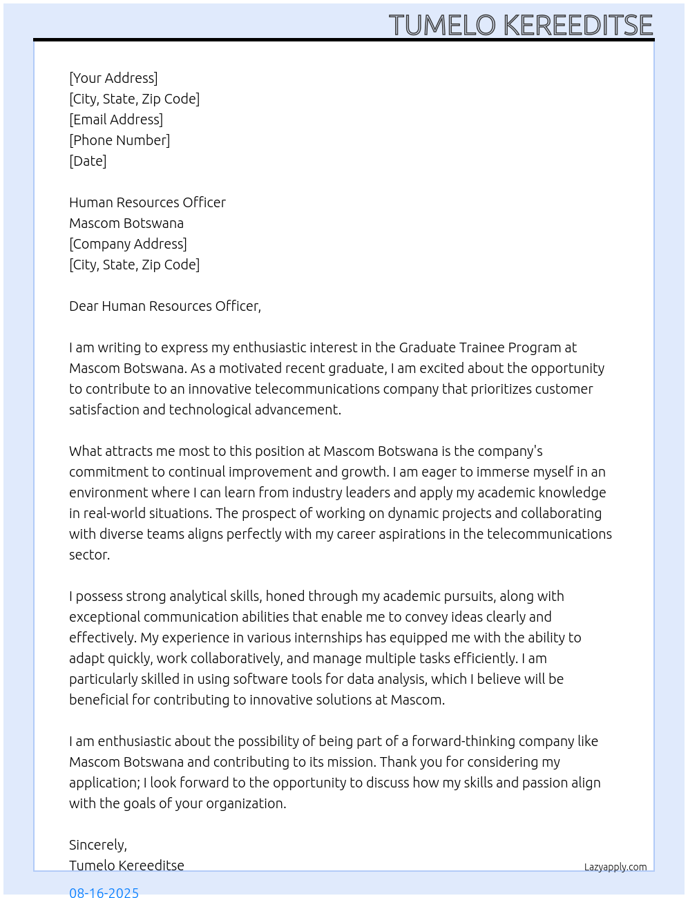 Graduate trainee program At Mascom botswqna Cover Letter