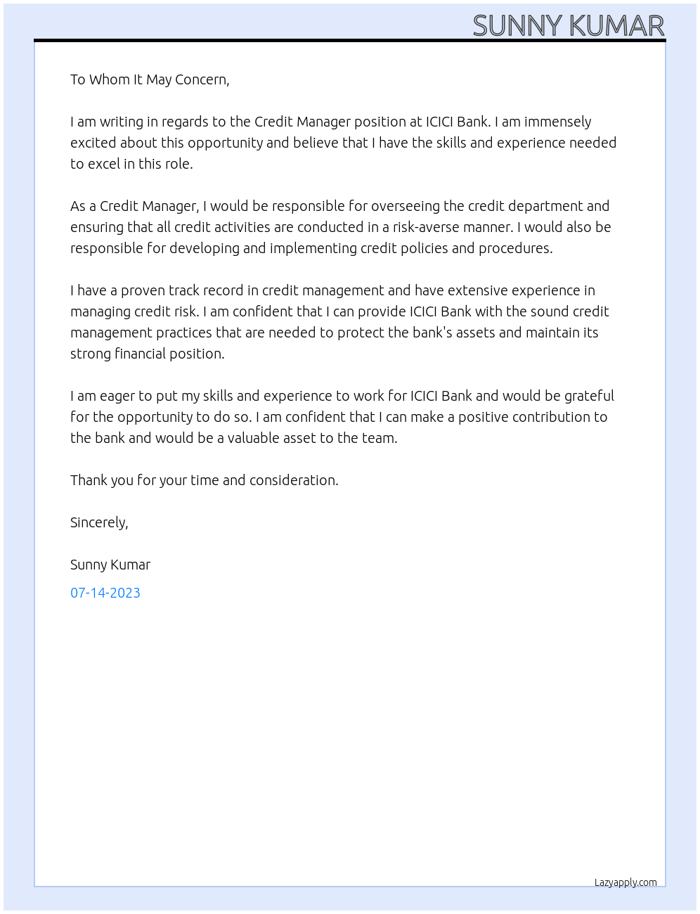 credit manager At icici bank Cover Letter
