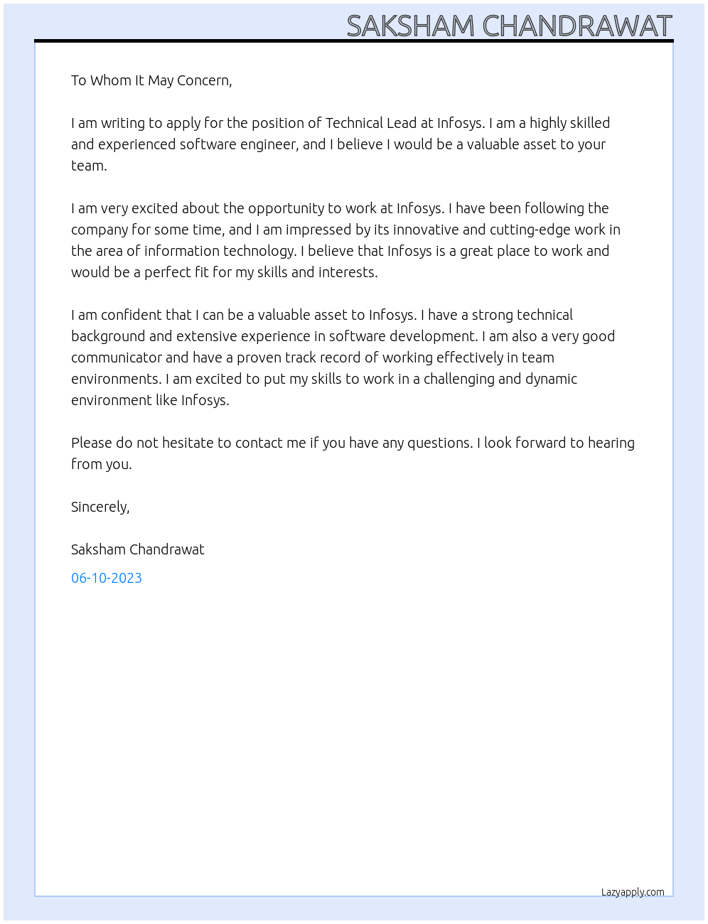 Technical Lead At Infosys Cover Letter