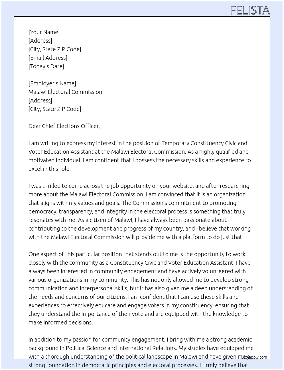 Cover letter for temporary constituency civic and voter education assistant - LazyApply