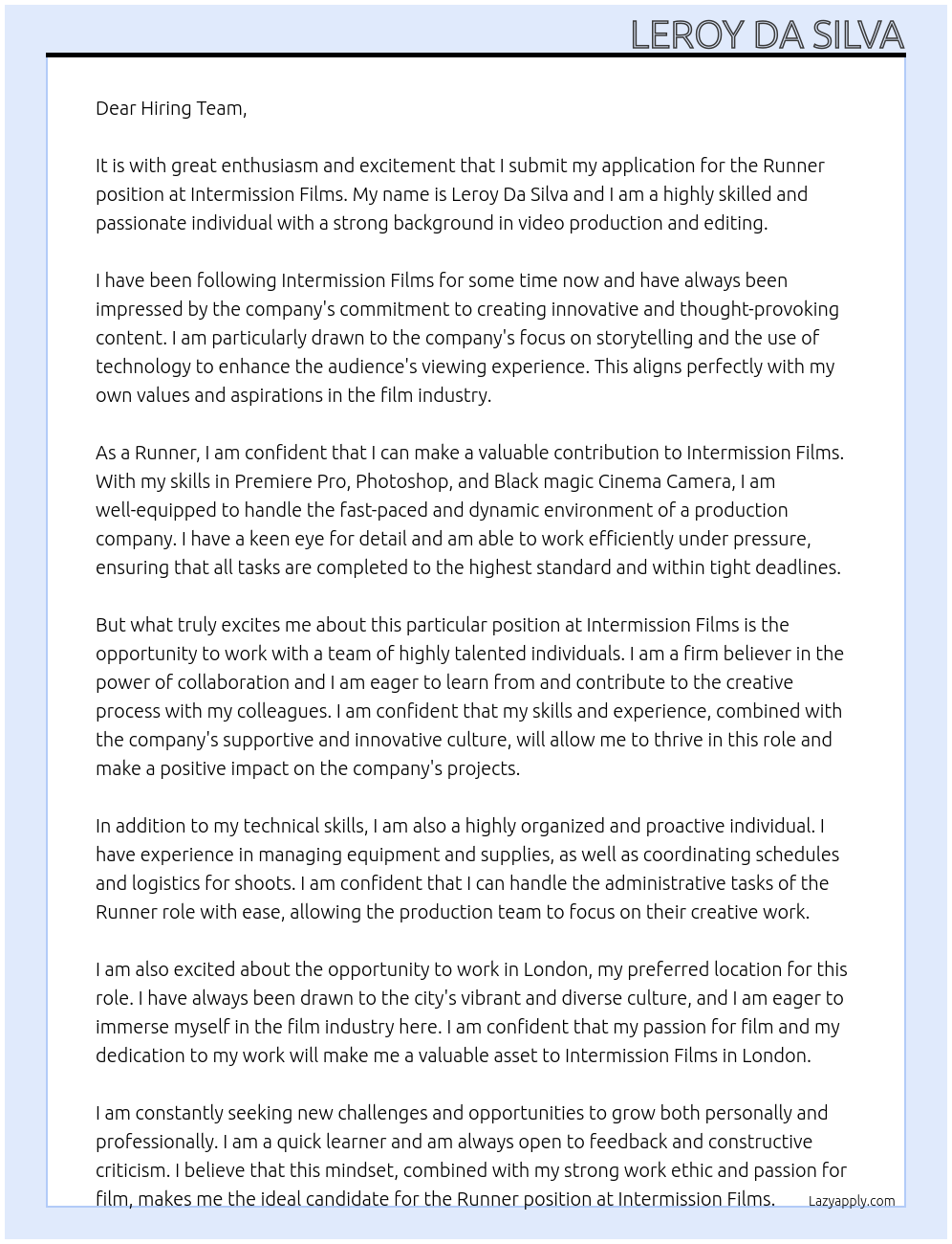 Runner At Intermission Films Cover Letter