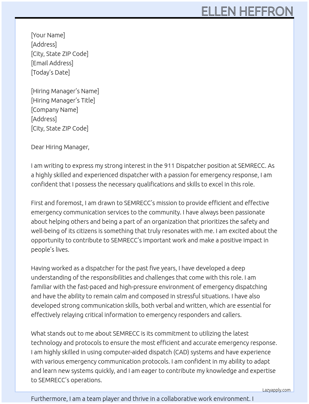 911 Dispatcher At SEMRECC Cover Letter