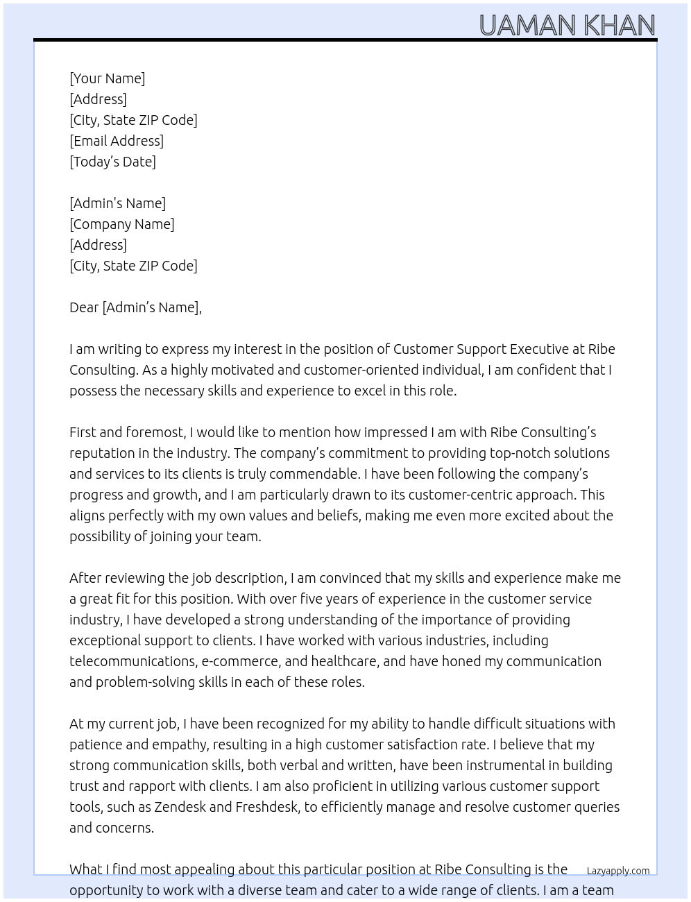 Customer Support Executive At ribe Consulting Cover Letter