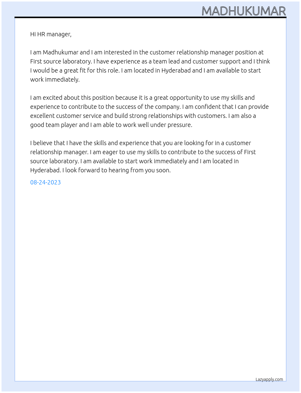Customer relationship manager At First source laboratory Cover Letter