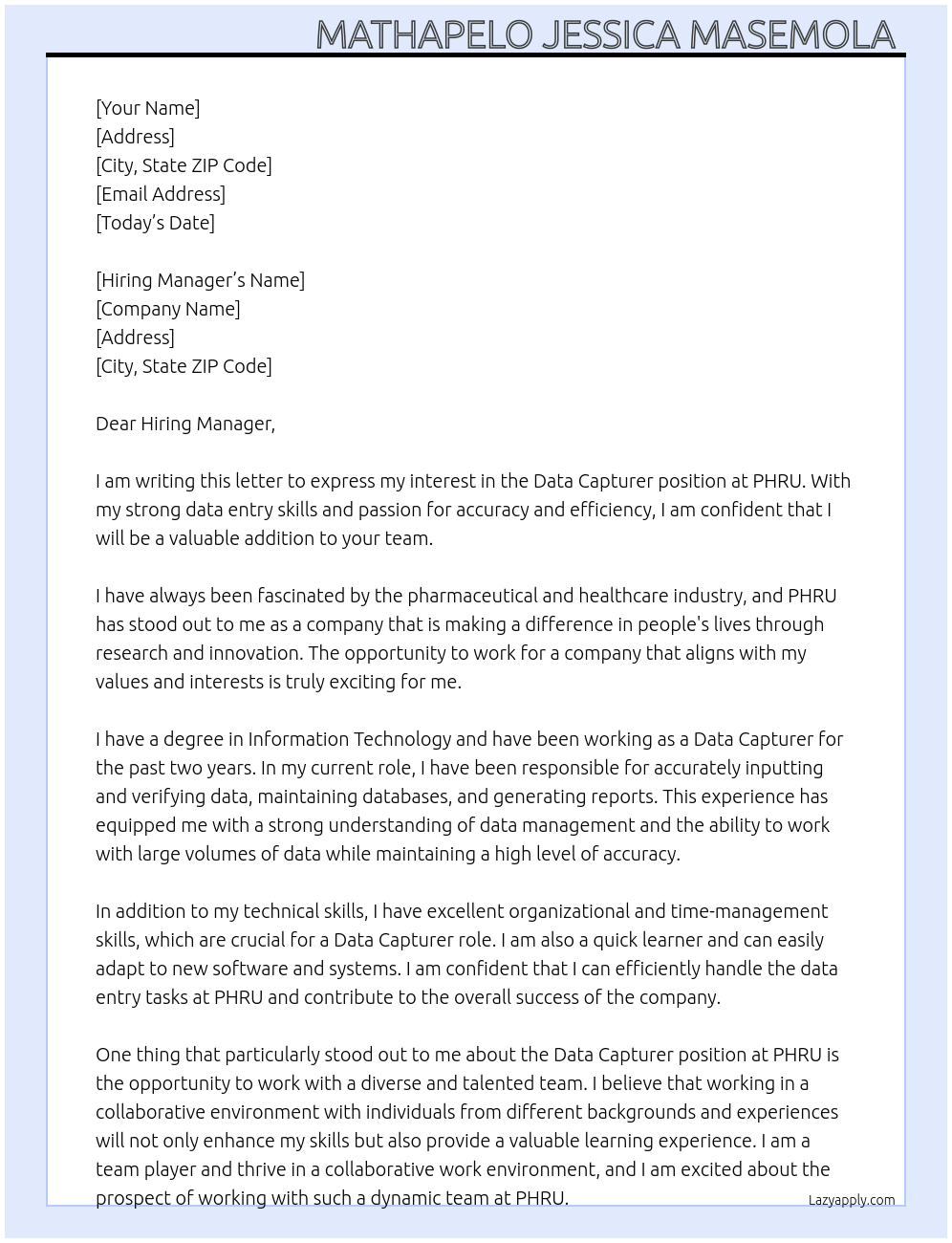 Data Capturer At PHRU Cover Letter