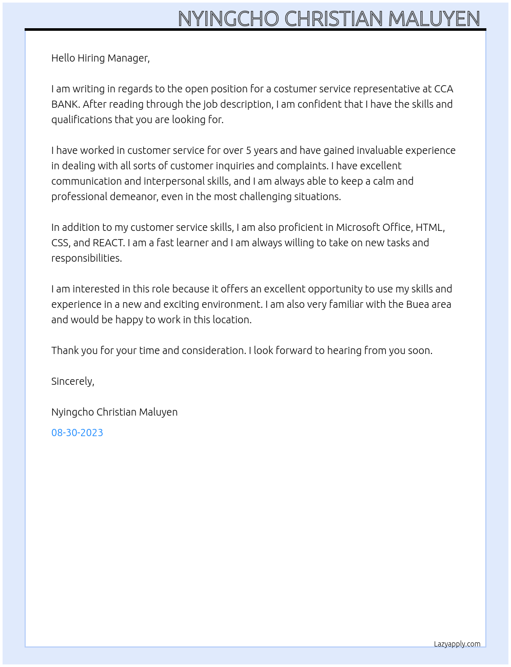 Costumer service At CCA BANK Cover Letter