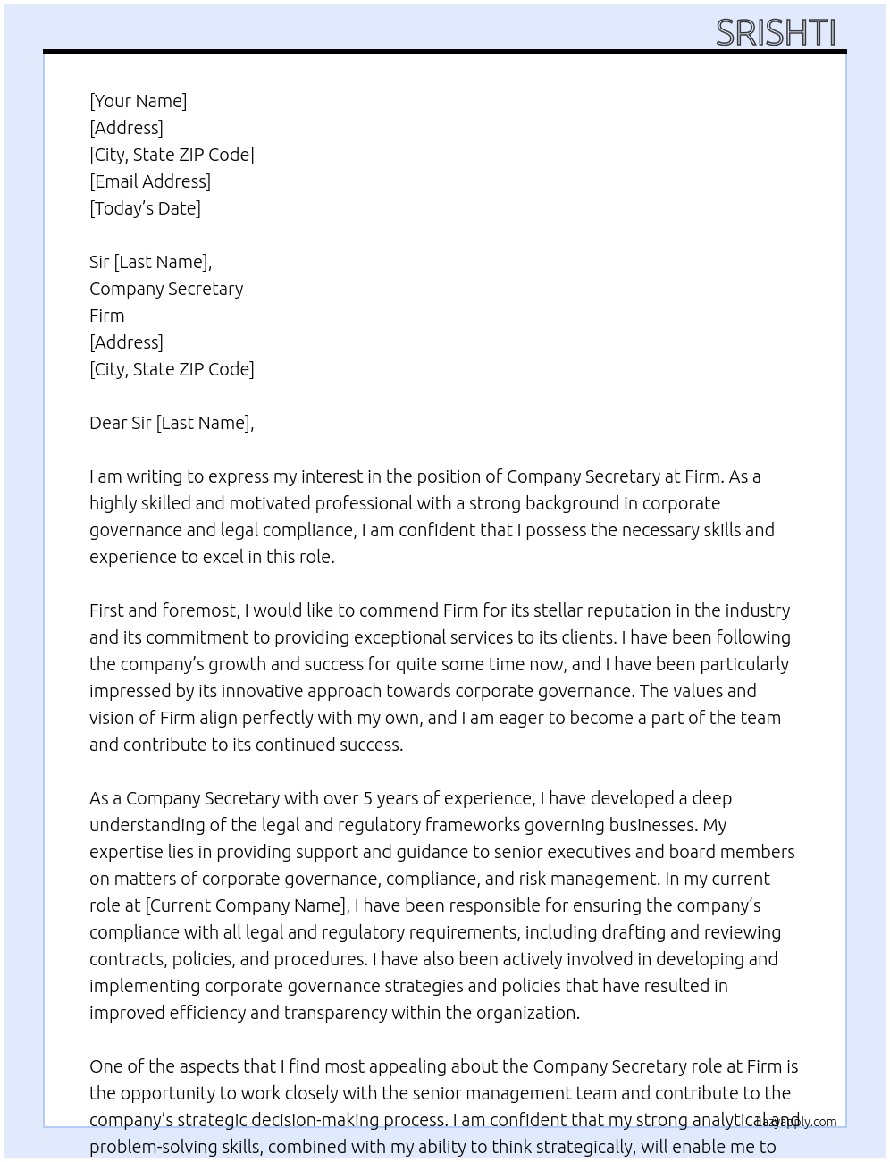 Company secretary At Firm Cover Letter