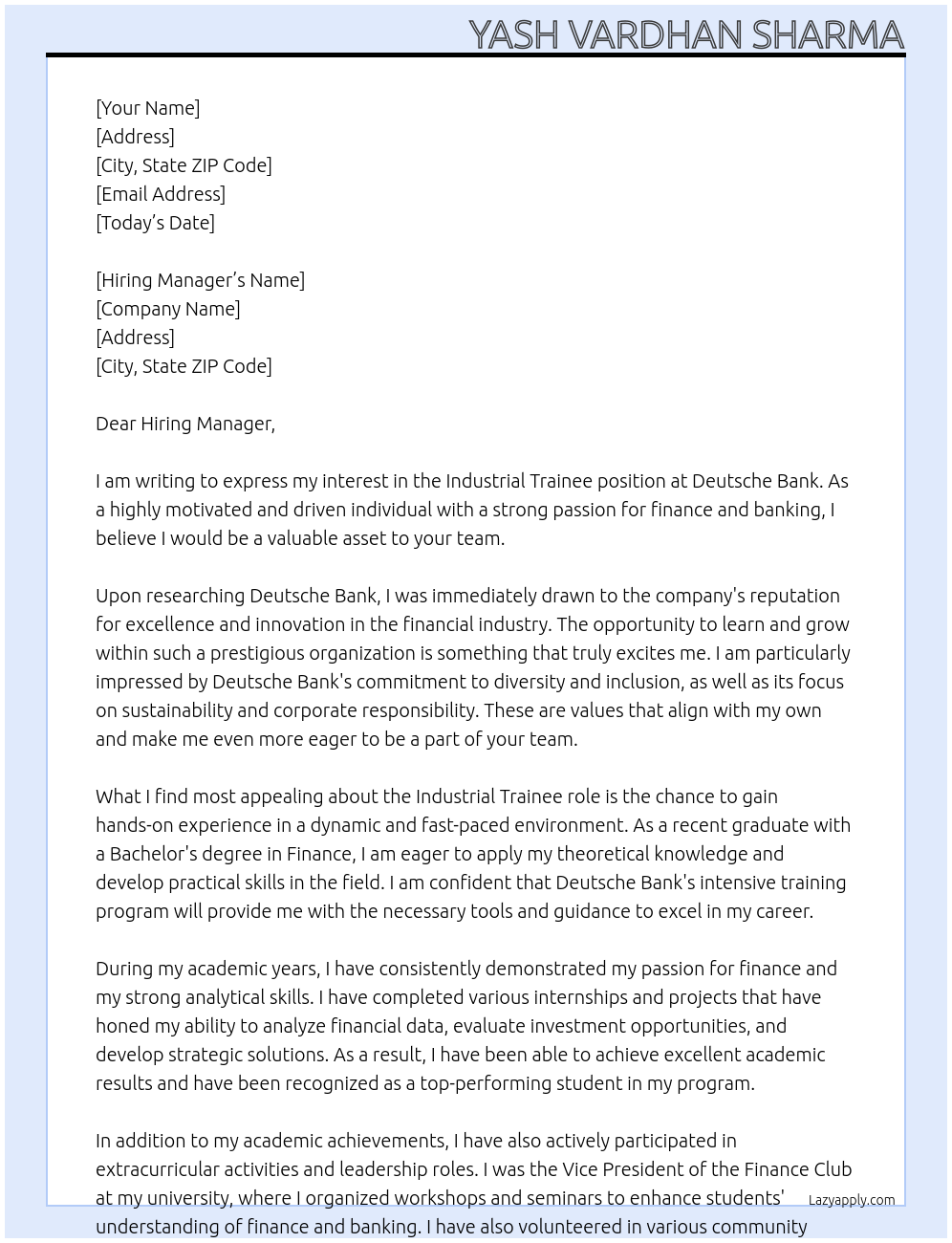 Industrial Trainee At Deutsche Bank Cover Letter