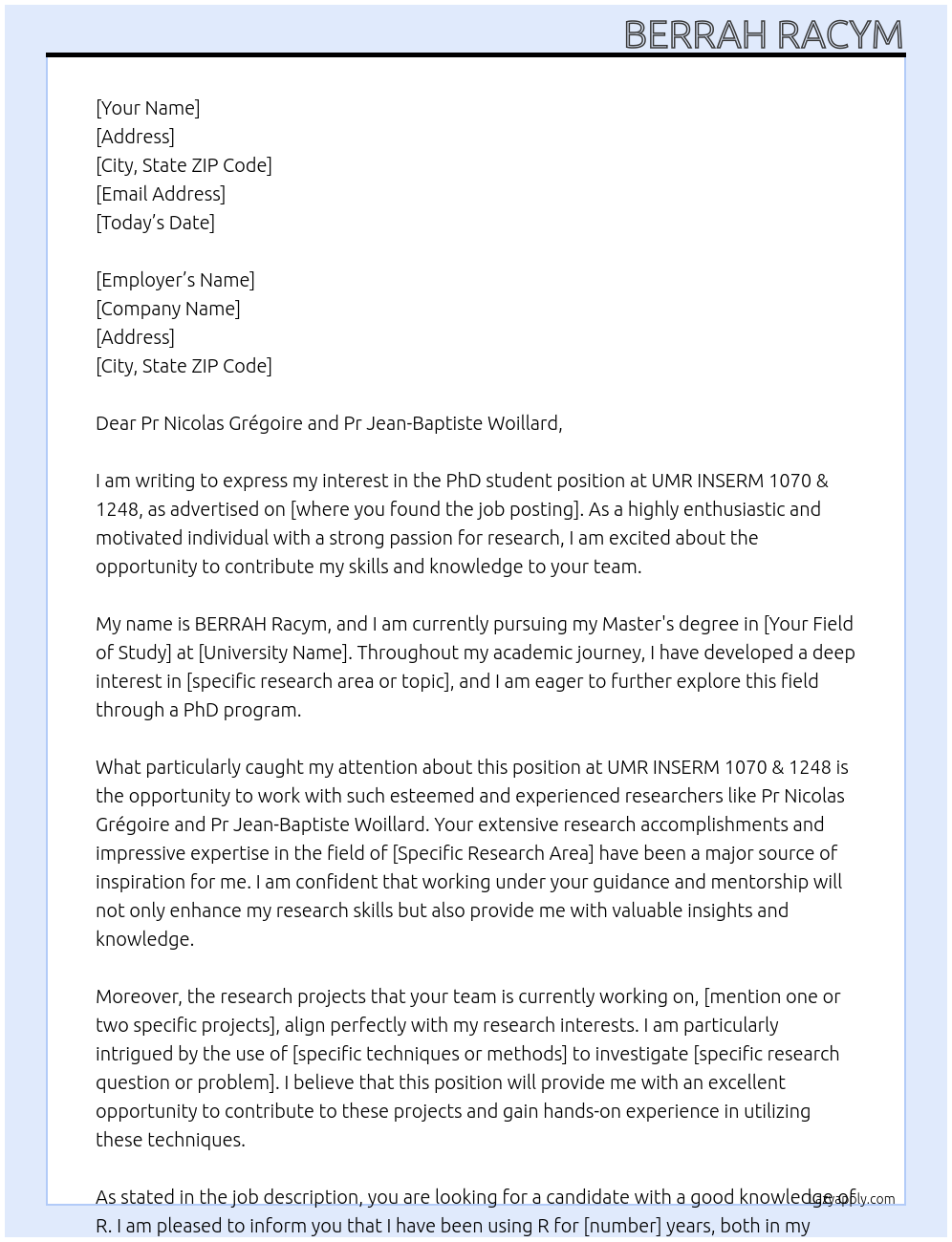 PhD student At UMR INSERM 1070 & 1248 Cover Letter