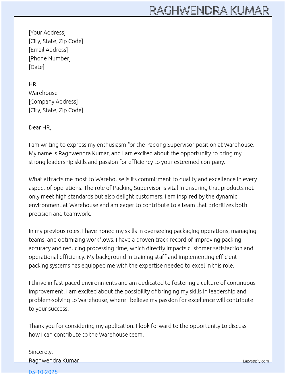 Cover letter for packing supervisor - LazyApply