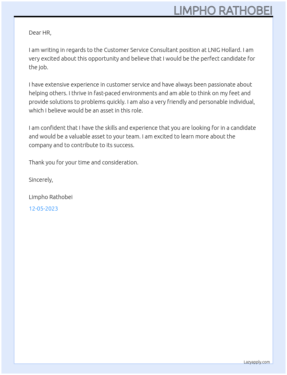 Customer service Consultant  At LNIG Hollard Cover Letter