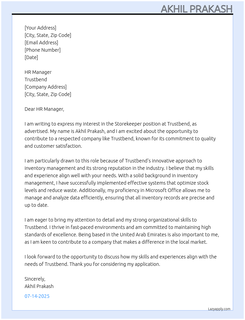 Storekeeper At Trustbend  Cover Letter