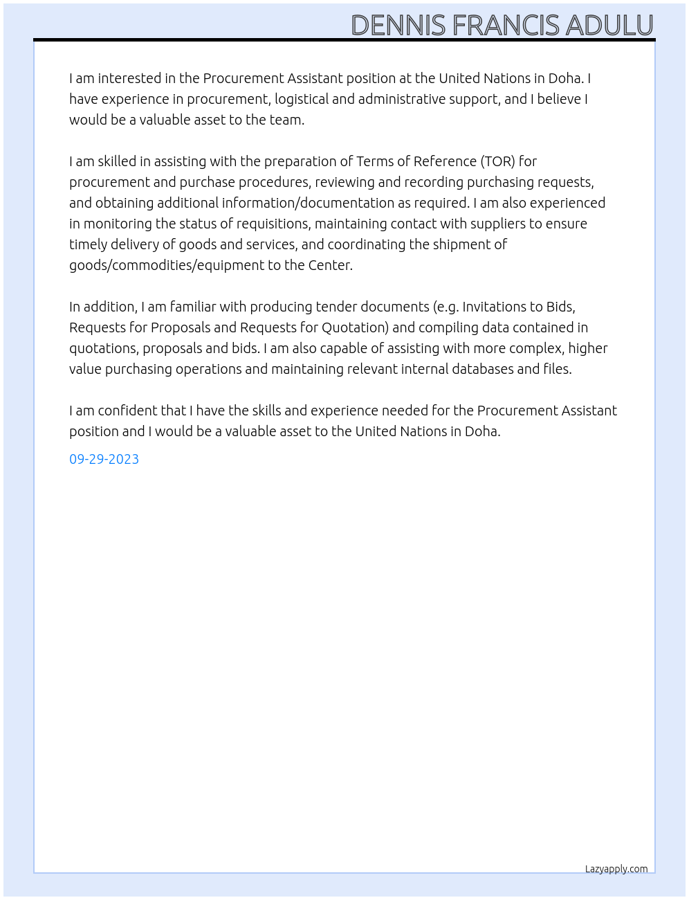 Procurement assistant At United Nations, Doha Cover Letter