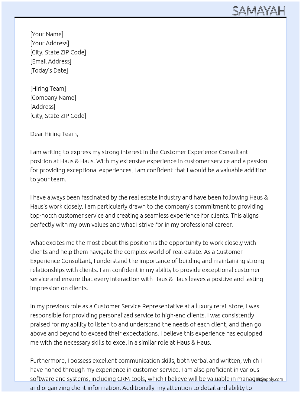 Cover letter for customer experience consultant - LazyApply