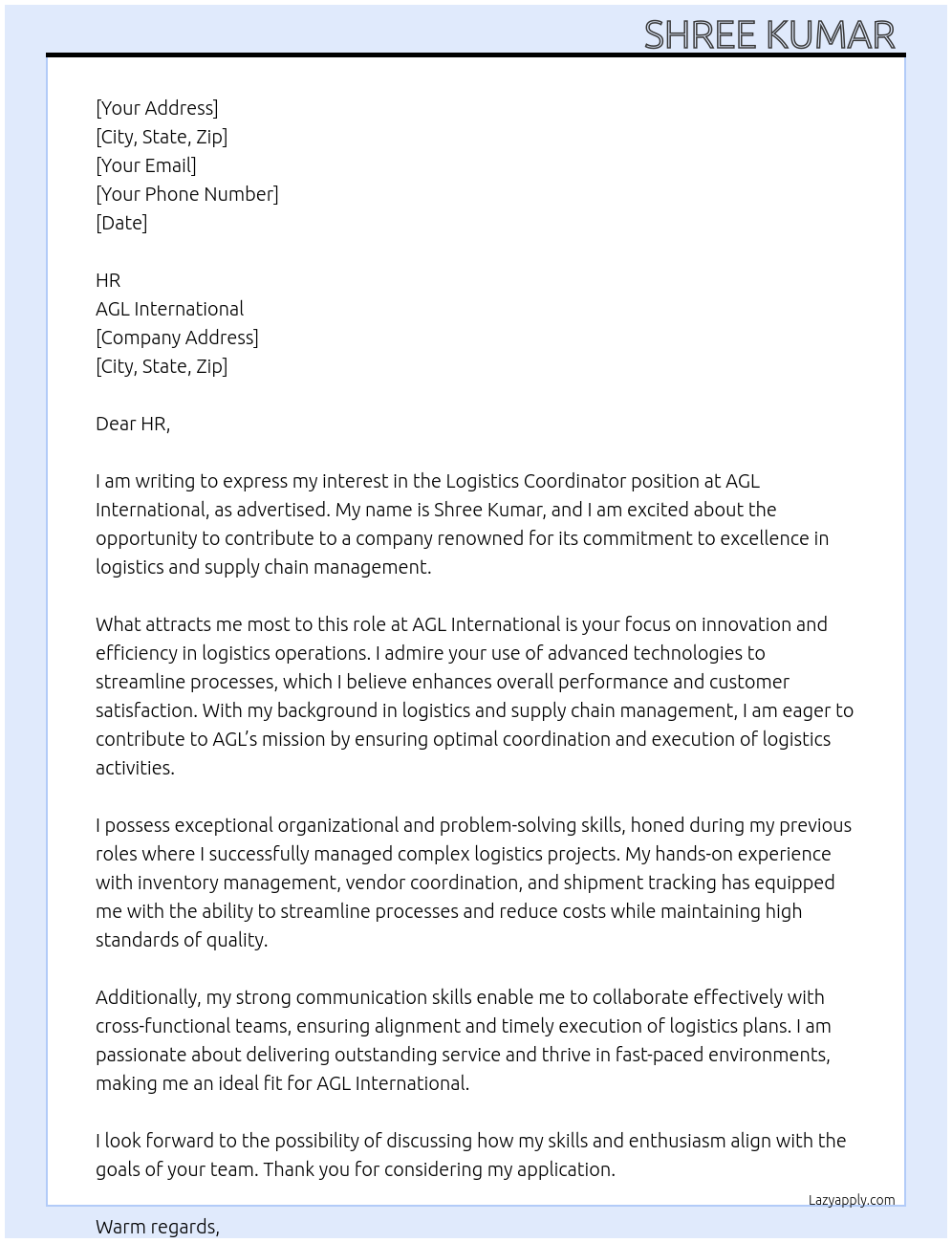 logistics coordinator At AGL international Cover Letter