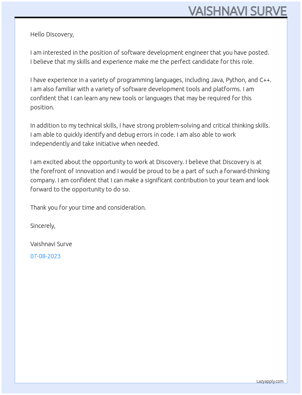 Software development engineer At Discovery Cover Letter