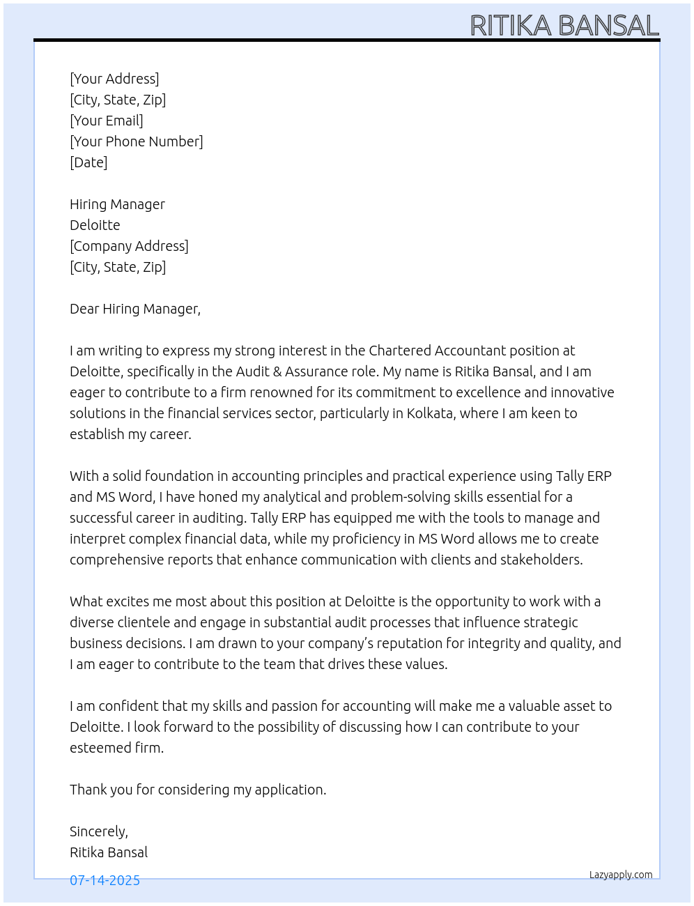 Chartered Accountant At Deloitte Cover Letter