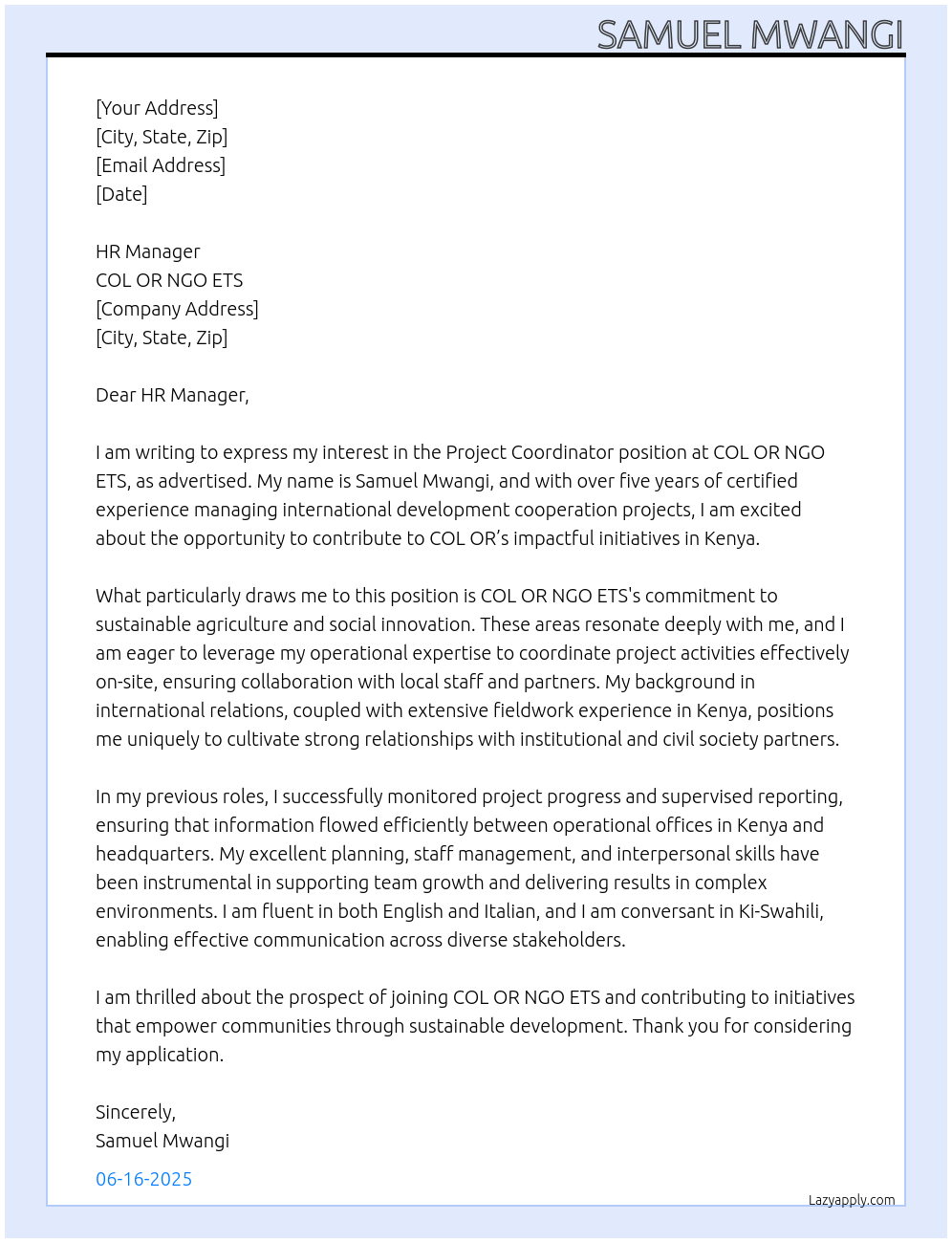 Cover letter for project coordinator-coordination - LazyApply