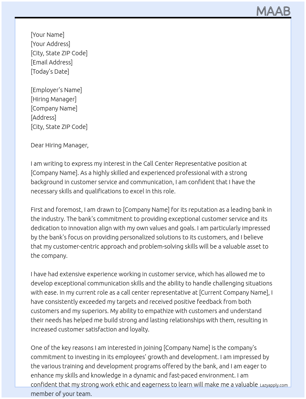 call center representative At Bank Cover Letter