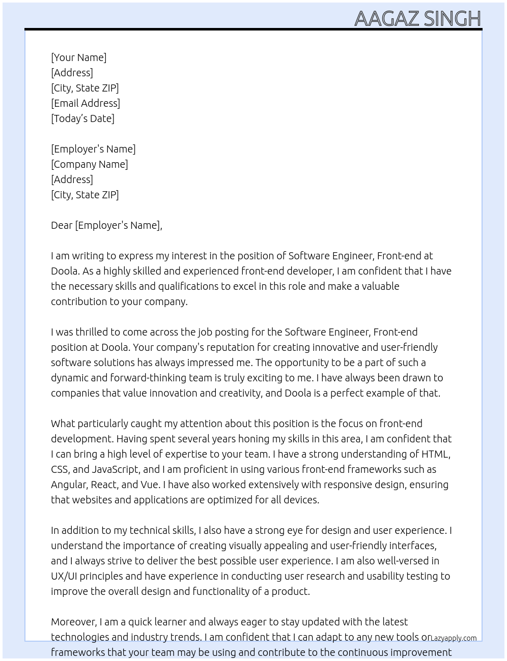 Software Engineer, Front-end At doola Cover Letter