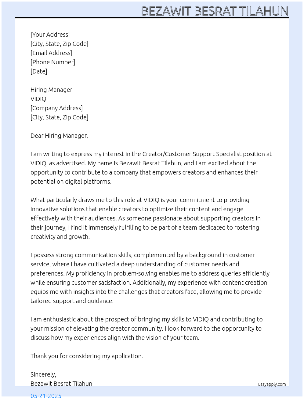 Cover letter for creator/customer support specialist - LazyApply