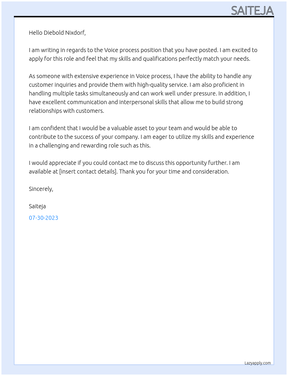 Voice process  At Diebold Nixdorf Cover Letter