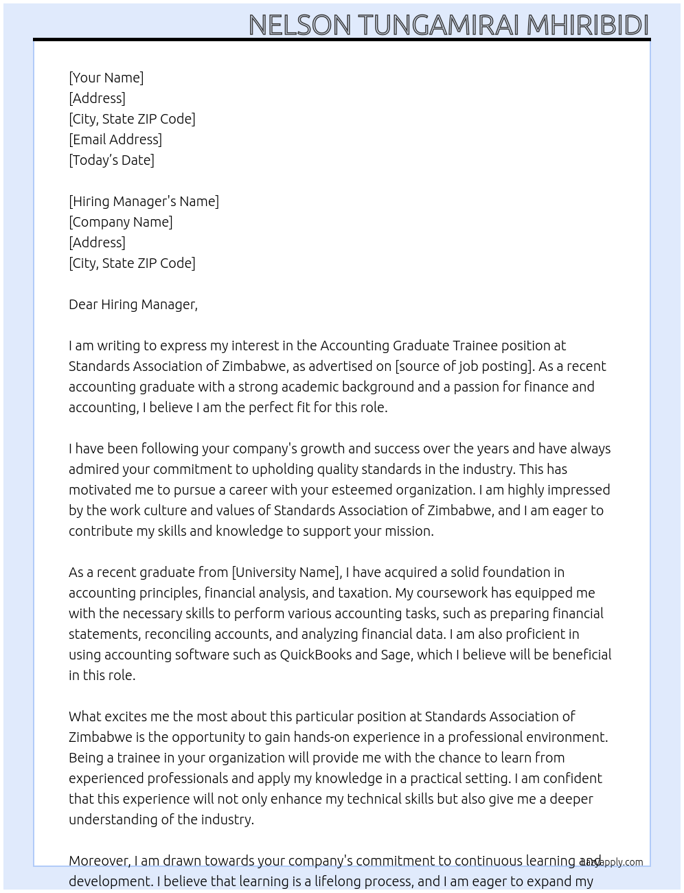 Accounting Graduate trainee At Standards Association of Zimbabwe Cover Letter