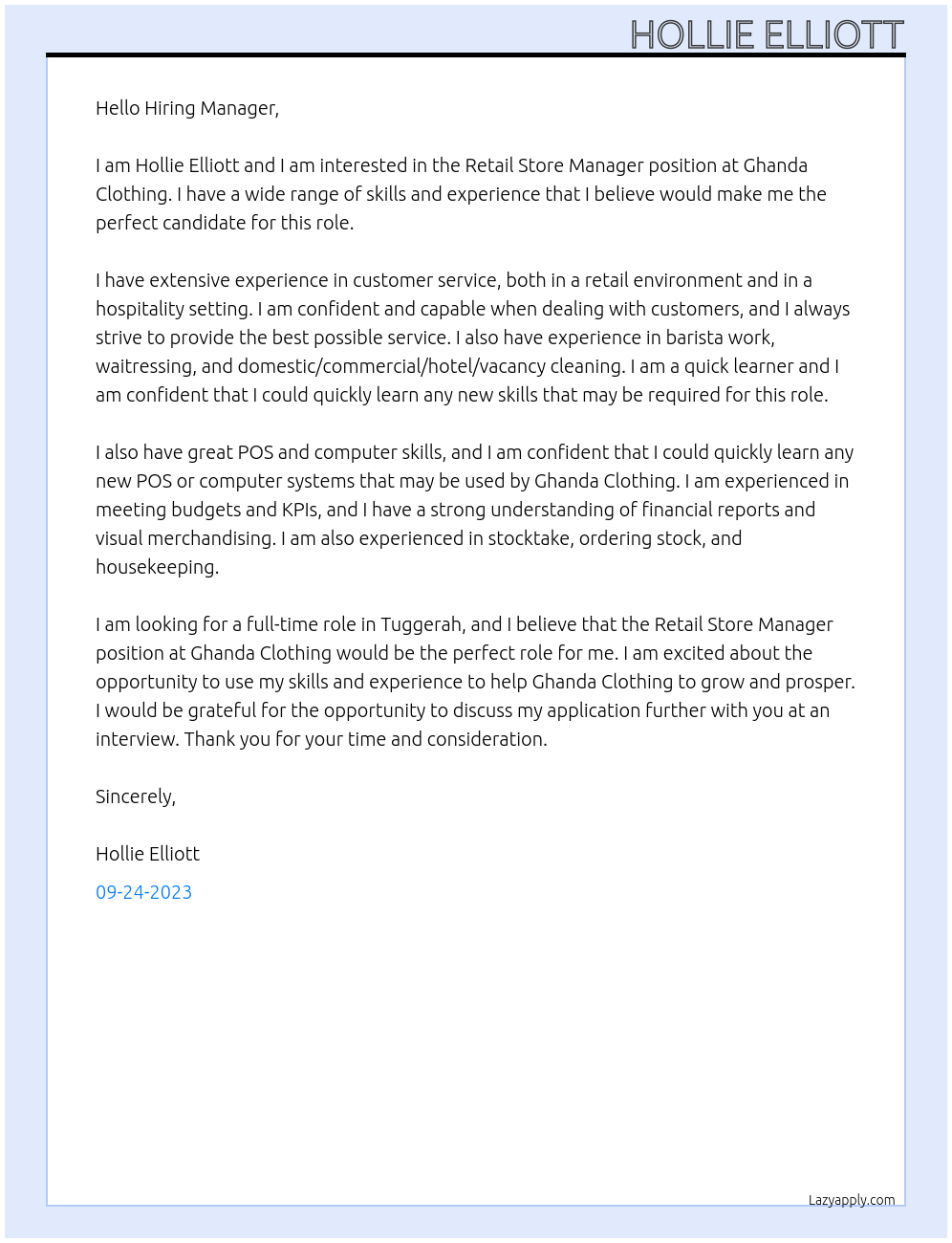 Retail Store Manager At Ghanda Clothing Cover Letter