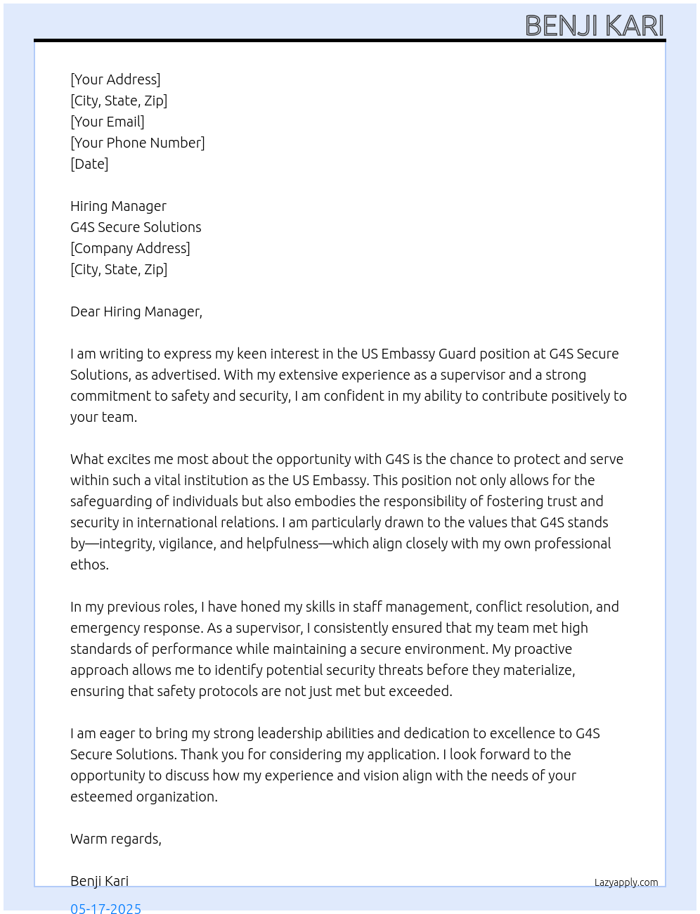  US Embassy Guard  At G4S Secure Solution  Cover Letter