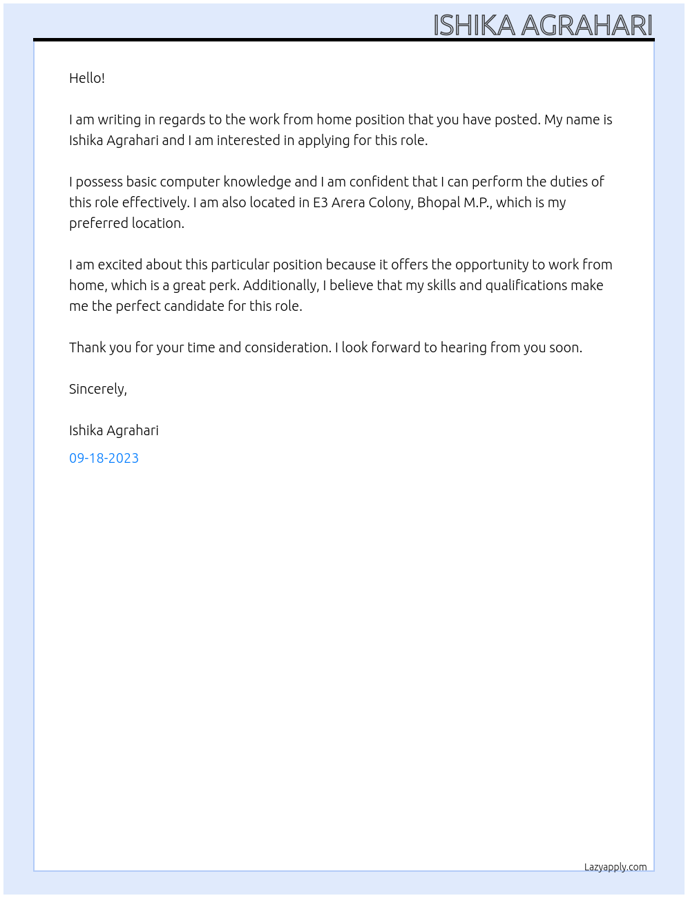 work from home At ISHIKA AGRAHARI Cover Letter