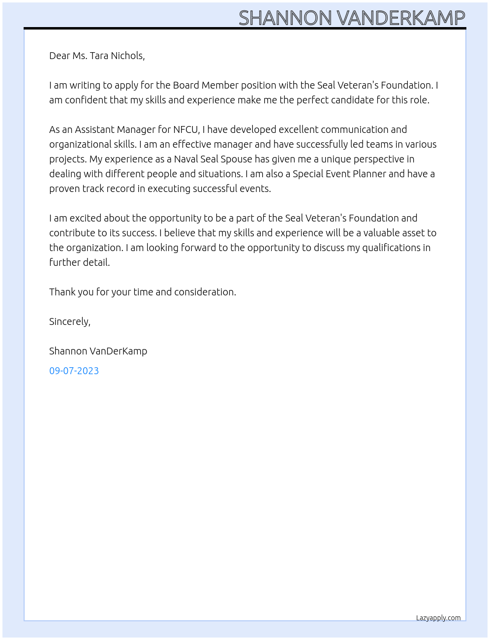 Board Member At Seal Veteran's Foundation Cover Letter