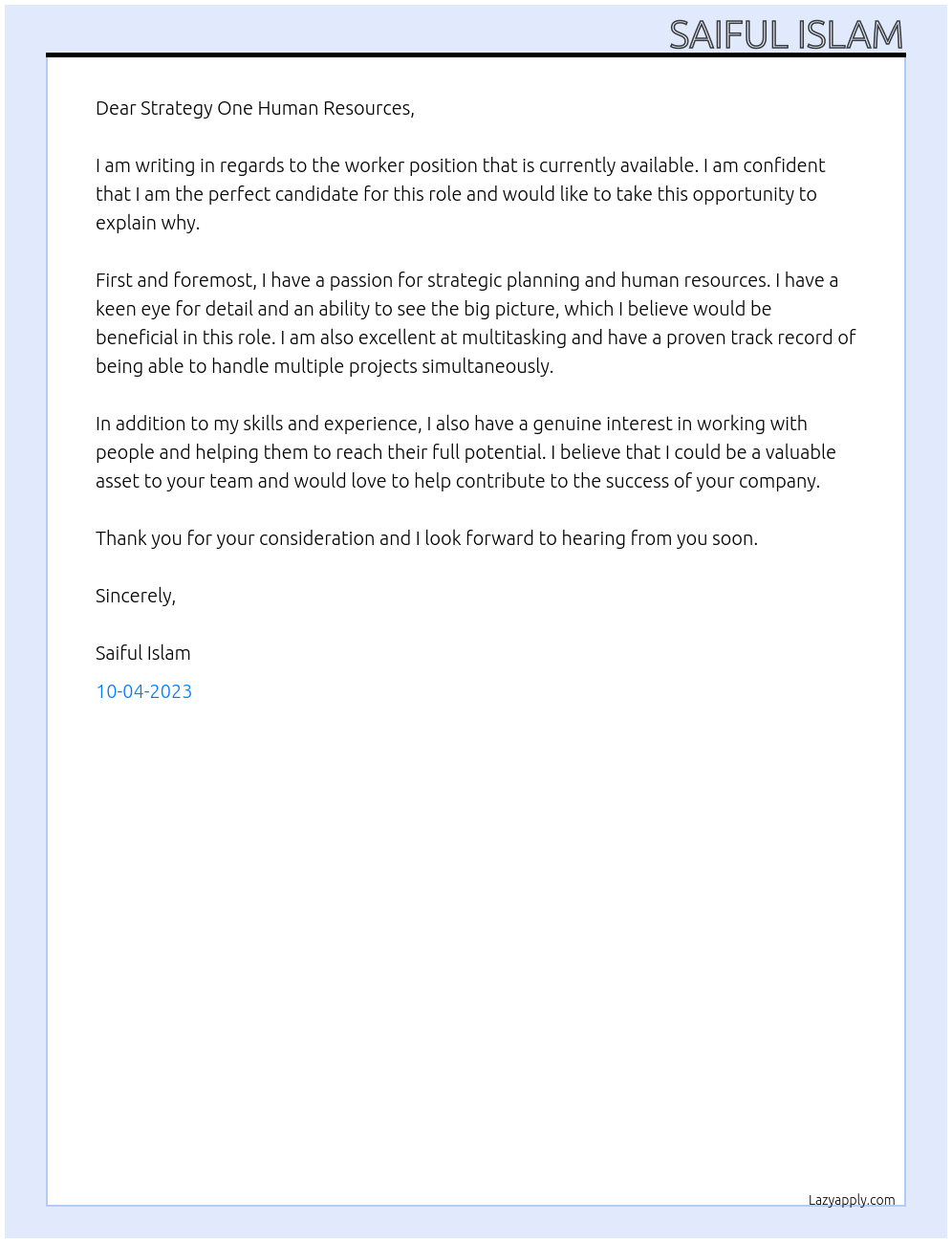 worker At Strategy One Human Resources Cover Letter