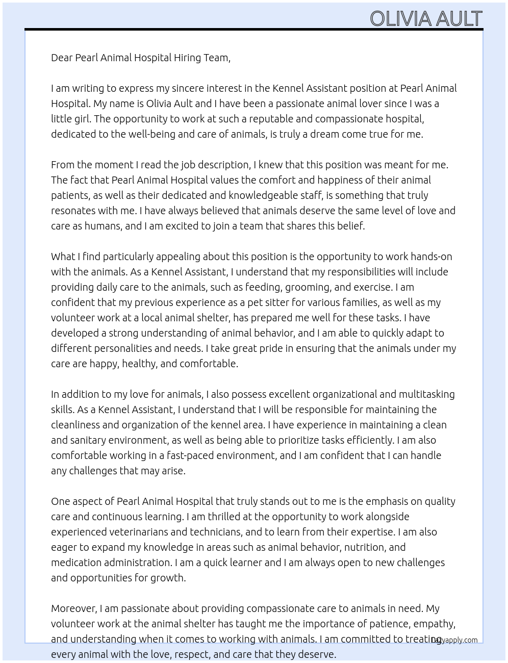 Kennel Assistant At Pearl Animal Hospital Cover Letter
