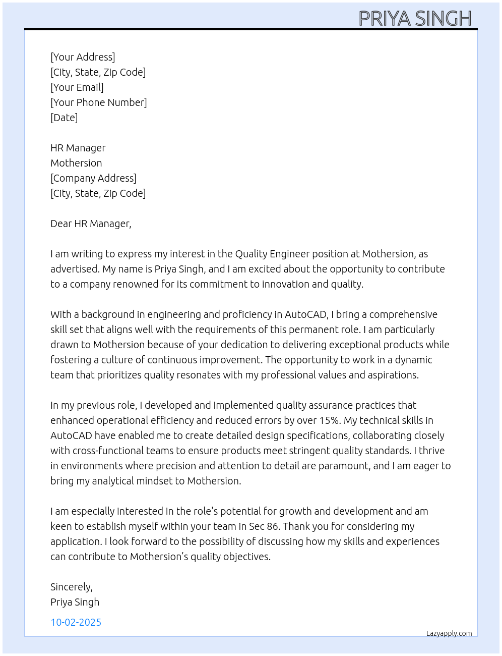 Quality Engineer At Mothersion Cover Letter