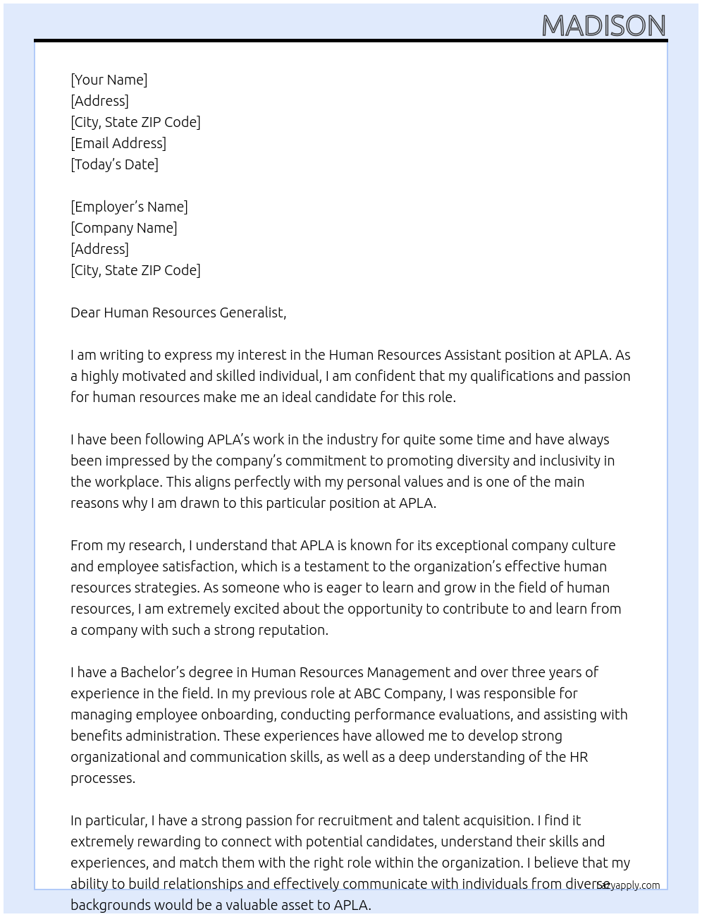 human resources assistant At APLA Cover Letter