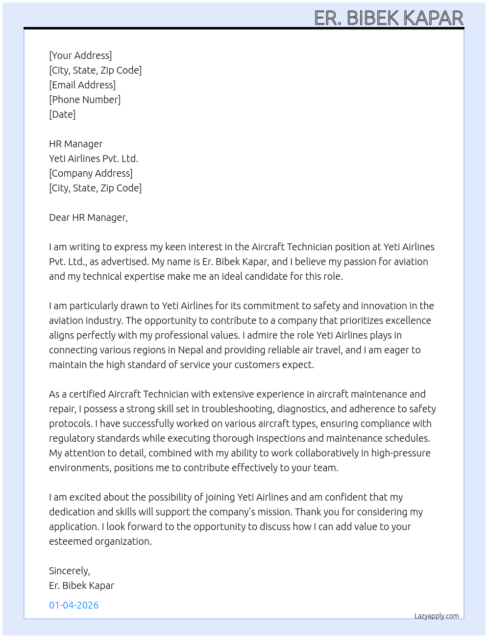 Cover letter for aircraft technician - LazyApply