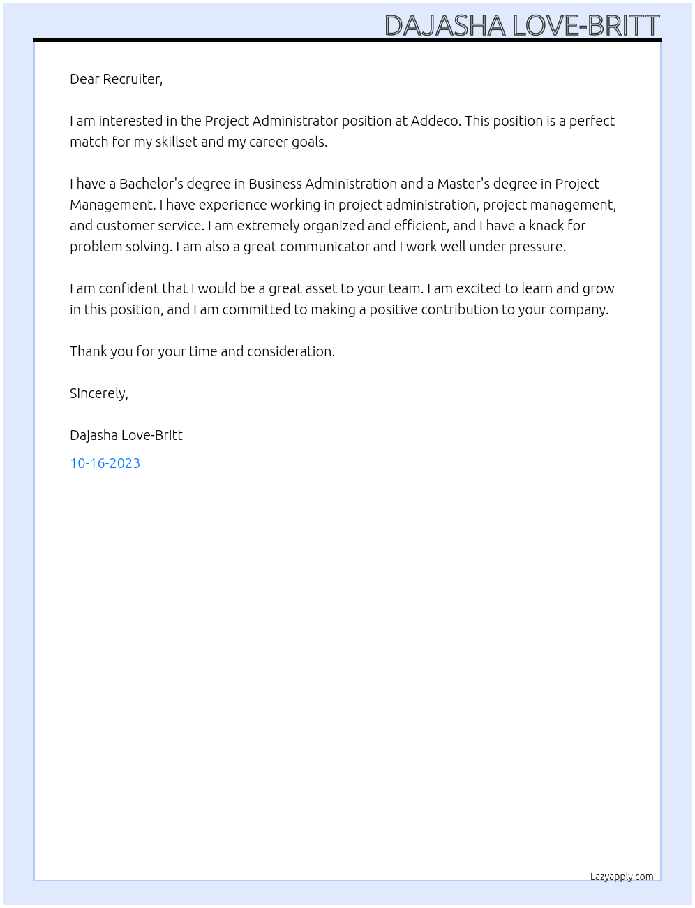 Project Administrator At Addeco Cover Letter