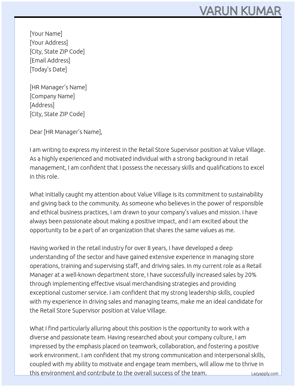 Retail Store Supervisor At Value Village Cover Letter