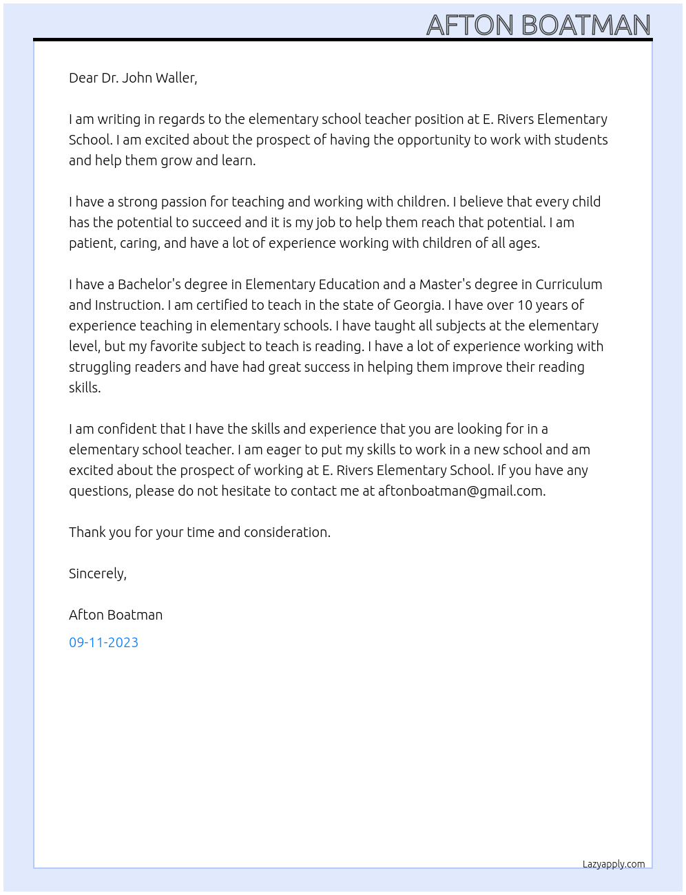 Elementary School Teacher At E. Rivers Elementary School Cover Letter